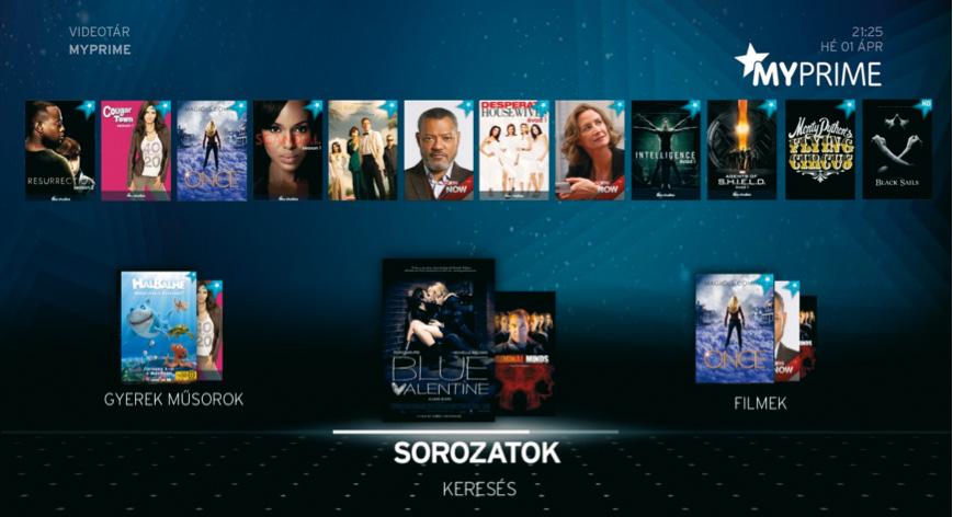 A MyPrime menüpontban műfajok alapján böngészhet az elérhető tartalmak között (Gyerek, Sorozatok, Filmek).