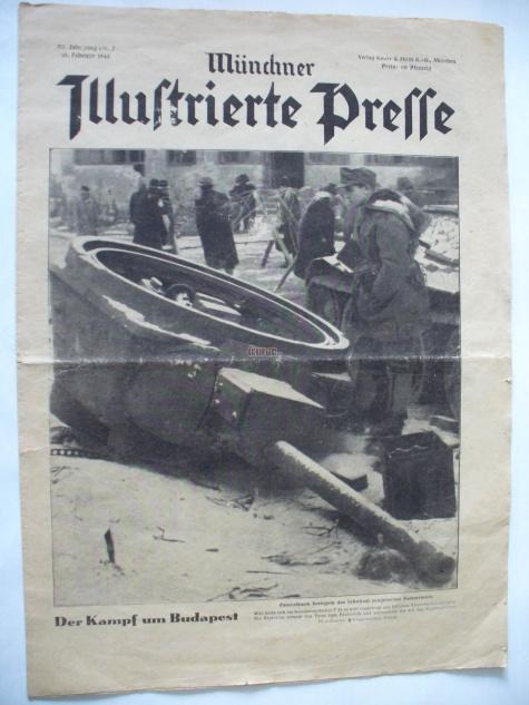 A Münchner Illustrierte Presse 1945. február 15-i számának első két oldalán közölt történelmi képanyag a budapesti harcokról, I.