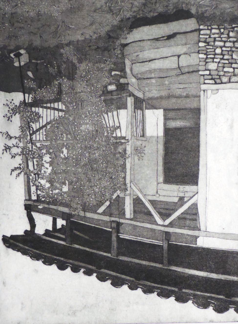 PilGerstimmen Norbert Brust, Rosenstock am Weg bei Guirande 40 x 30 cm, Radierung.