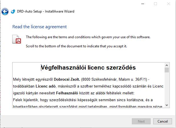 1.2 A telepítő program használata A futtatás első lépéseként kattintson a Next-re A következő lépésben olvassa el a program felhasználási feltételeit.