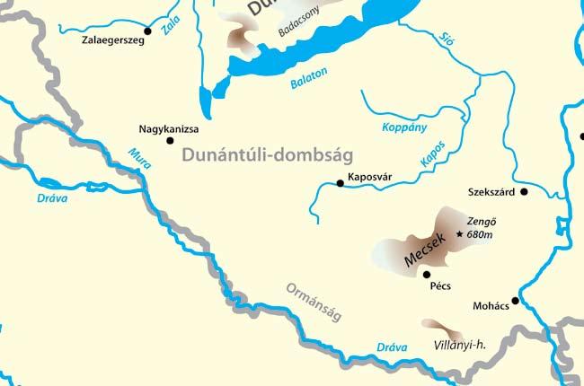 51 Földrajz A Dunántúli-dombság, a Mecsek és a Villányi-hegység A Dunántúli-dombság, a Mecsek és a Villányi-hegység A táj fekvése, domborzata, vizei A Balatontól délre elterülő tájon többnyire szelíd