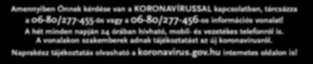 KOVÁCS PÉTER polgármester Amennyiben Önnek kérdése van a KORONAVÍRUSSAL kapcsolatban, tárcsázza a 06-80/277-455-ös vagy a 06-80/277-456-os információs vonalat!