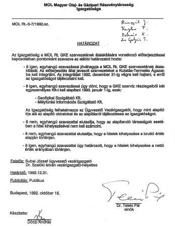 22. ábra: Az 1992. október 16-ai határozat A GKE MKI (Mélyfúrási Kutatási Igazgatóság) szervezetébõl (összesen kb.