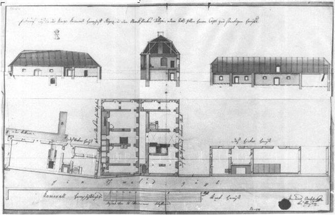 A Kapyak ősi kúriája A tállyai Maillot-Kastély 115 2. kép A tállyai Kapy féle kincstári ház alaprajza hossz és keresztmetszete. Forrás: MOL T1. Delineutivnes Aedilium 964 fasc. 4. no. 604. Fig. 2. The longitudinal and cross section floor plans of the Kapy treasury house in Tállya.