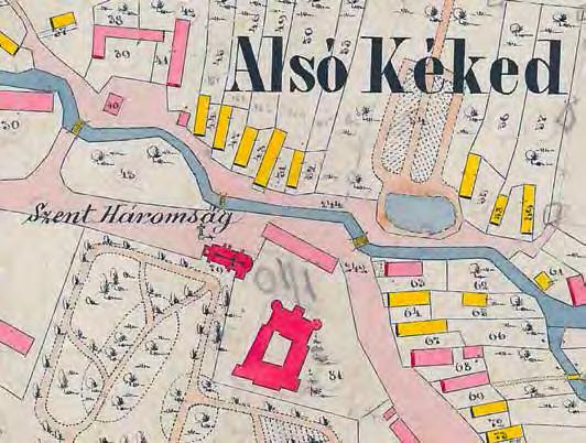 kép A templom a kastéllyal és a kastélypark részletével az 1867-es kataszteri térképen. ALSÓ KÉKED falu Magyarországban, Abaúj megye, Zsadányi adóhivatal. 1867. 2. szelvény. Alsó Kéked K.o. XXIII. 17.