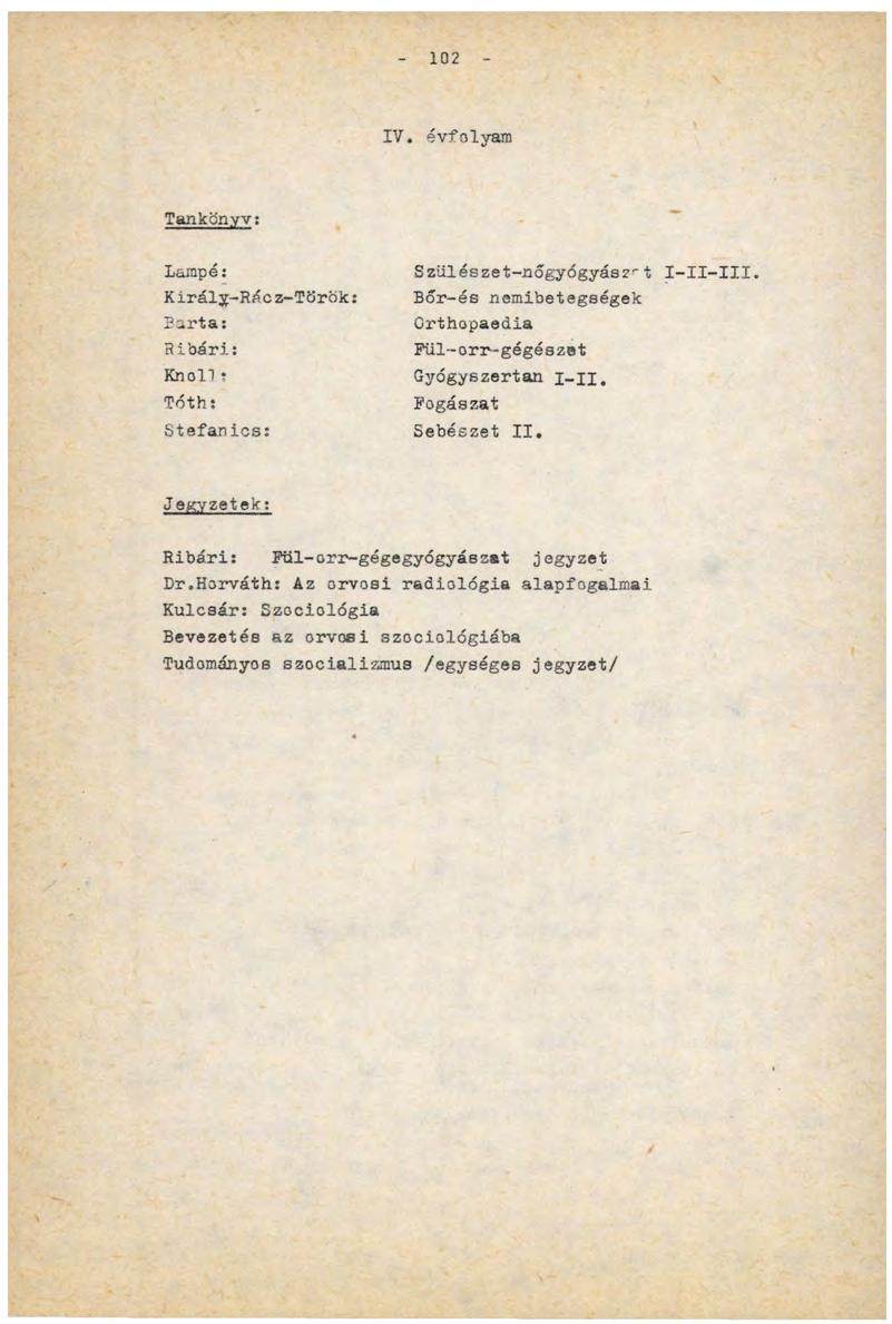 102 IV. évfolyam Tankönyv: Lampé: Király-Rácz-Török: Barta: Ribári: Knoll: Tóth: Stefanies: Szülészet-nőgyógyászat I-II-III Вбг-és nemibetegségek Orthopaedia Pül-orr- gégészet Gyógyszertan Х-Ц.
