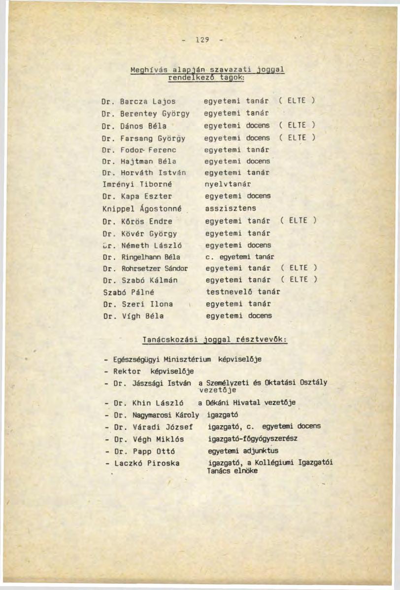 129 Meahívás alap-ián szavazati joggal rendellkezö tagok: Dr. Barcza Lajos egyetemi tanár ( ELTE ) Dr. Berentey György egyetemi tanár Dr. Dános Béla egyetemi docens ( ELTE ) Dr.
