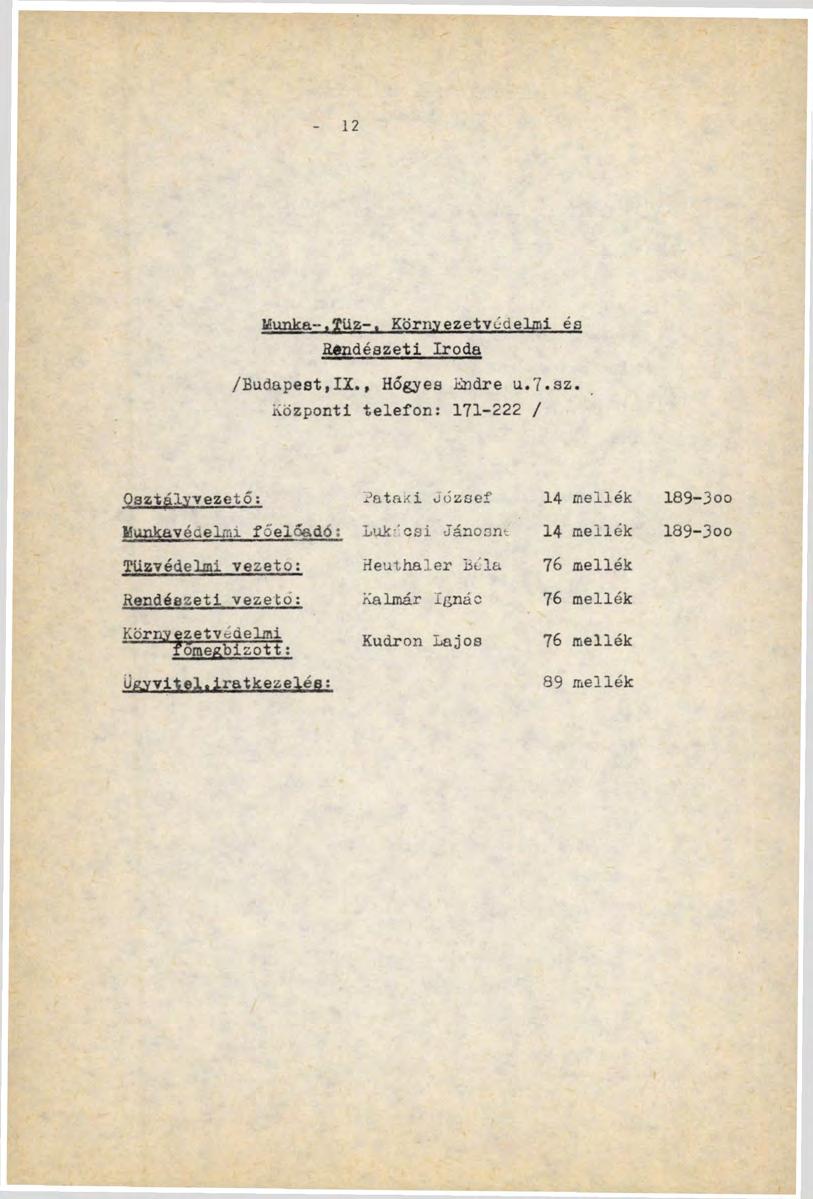 12 Munka-.Tűz- Környezetvédelmi és Rendészeti Iroda /Budapest,II., Hőgyes Kndre u.t.az.