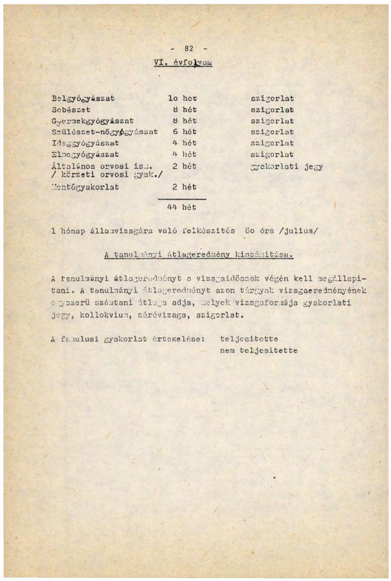 82 VI. évfolyam Belgyógyászat lo hoc szigorlat Sebészet a hét szigorlat Gyermekgyógyászat a hót szigorlat Szülészet-nőgy gyászát 6 hót szigorlat Ideggyógyászat A hét szigorlat Bl.