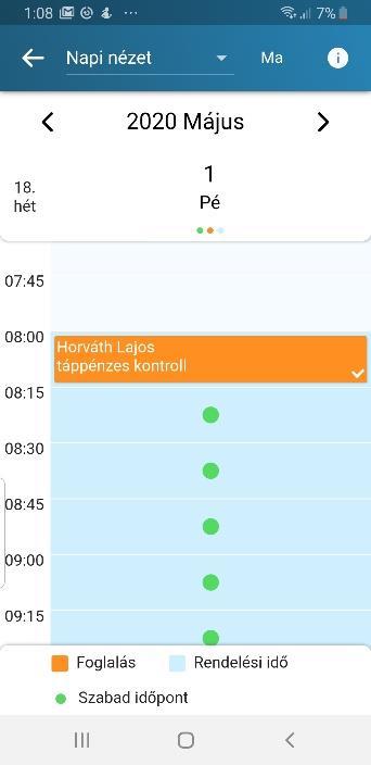 A naptár havi, heti, 3 napos v napi felbontásban mutatja a rendelési időszakokat, az előjegyezhető ill.