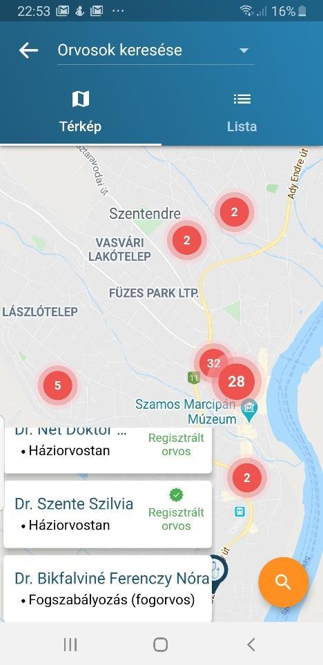terület, szakma, orvos / intézmény típus A keresőszempontok bevitel után a keresés eredménye listán vagy térképen