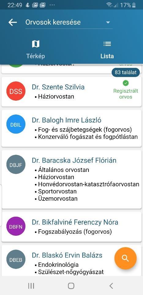 A listáról vagy térképről kiválasztott orvos/intézmény /patika legfontosabb adatait tartalmazó adatlapja