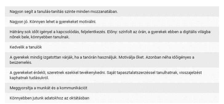 Az 5. ábrán szereplő válaszokból is látható, hogy vannak olyan tanárok, akik az IKT alatt csak az eszközhasználatot értik. Pl. számítógép, tablet, hangszóró. 9.