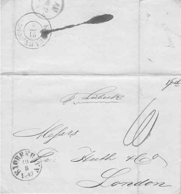 1846 unterzeichneten Dänemark und Großbritannien einen neuen Vertrag. Das Grenzpostamt war in Altona. Gebühren für einen Portobrief: Dänischer Anteil 4 d, Britischer Anteil 6 d.