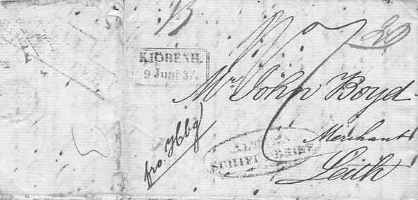 Abb. 7: 1837 Einfacher Teilfrankobrief von Kopenhagen nach Leith über Altona und Hull. Leitvermerk Frco Hamburg, aber es wurde Fr Altona.