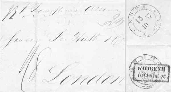 20. Abb. 8: 10.10.1837 Einfacher Portobrief von Kopenhagen nach London. Dänische Gebühr 29 RBS, Elbegebühr 4 Sch.