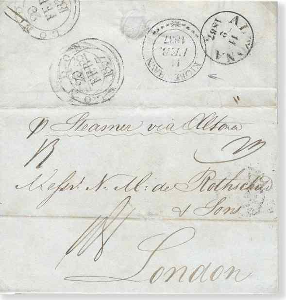 Abb. 9: 1837 Einfacher Portobrief von Kopenhagen nach London über Altona. Dänische Gebühr 29 RBS, Elbegebühr 4 Sch.