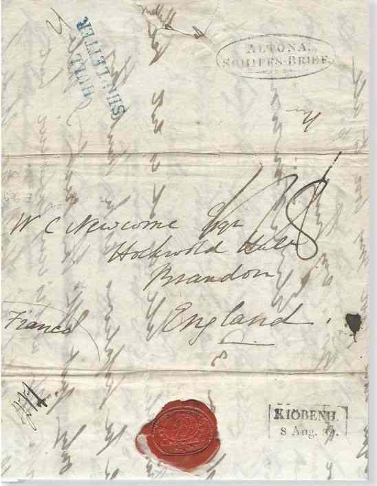 Abb. 11: 8.8.1839 Brief von Kopenhagen nach Brandon bei Norwich über Altona und Hull.