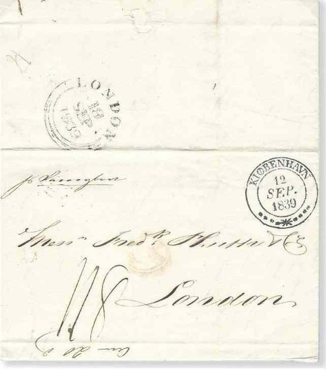 Abb. 12: 1839 Brief von Kopenhagen nach London. Wir wissen nicht, ob der Brief über Altona oder Hamburg befördert wurde.