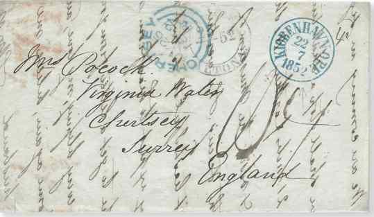 1852 Einfacher Portobrief von Kopenhagen nach Chertsey/Surrey über Altona. Transitstempel von Altona K.D.P.A. ALTONA.