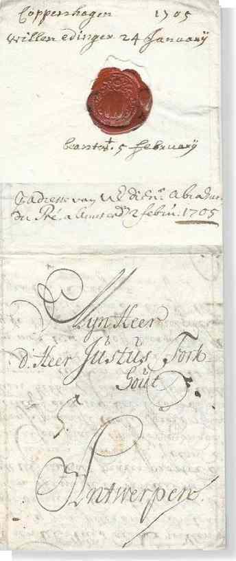 Abb. 21: 1705 Brief von Kopenhagen nach Antwerp über Amsterdam. Der Versand des Briefes fällt in die Zeit des Spanischen Erbfolgekrieges (1701 1713).