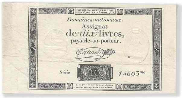 Münzen oder 10 (Livres) in Assignaten. Dem Empfänger in Bordeaux stand es frei, in Silber oder Papier zu bezahlen.