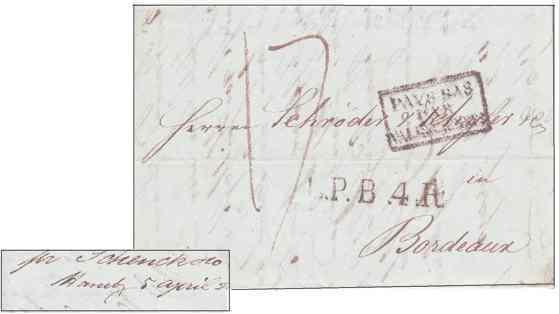 Das Grenzpostamt in Deventer stempelte ab1825 HAMBURG Abb. 26: 2.4.1822 Brief von Helsingör nach Bordeaux über Hamburg, Amsterdam und Valenciennes.