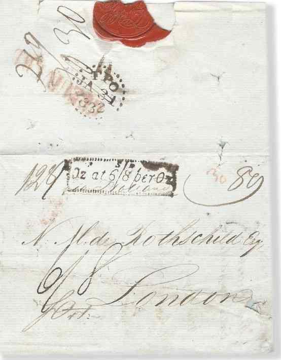 Abb. 27: 21.1.1832 Brief von Kopenhagen nach London über Holland, fr Ost(ende) aber via Holland geleitet, wie auf der Vorderseite notiert. Dreifach schwerer Brief in Dänemark.