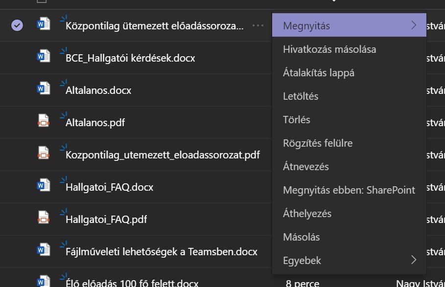 Ezek azok a fájlok, amik a Teams keretein belül kerültek megosztásra. A felső menüben kattintson a Fájlok opcióra. Itt tud fájlműveleteket végezni.