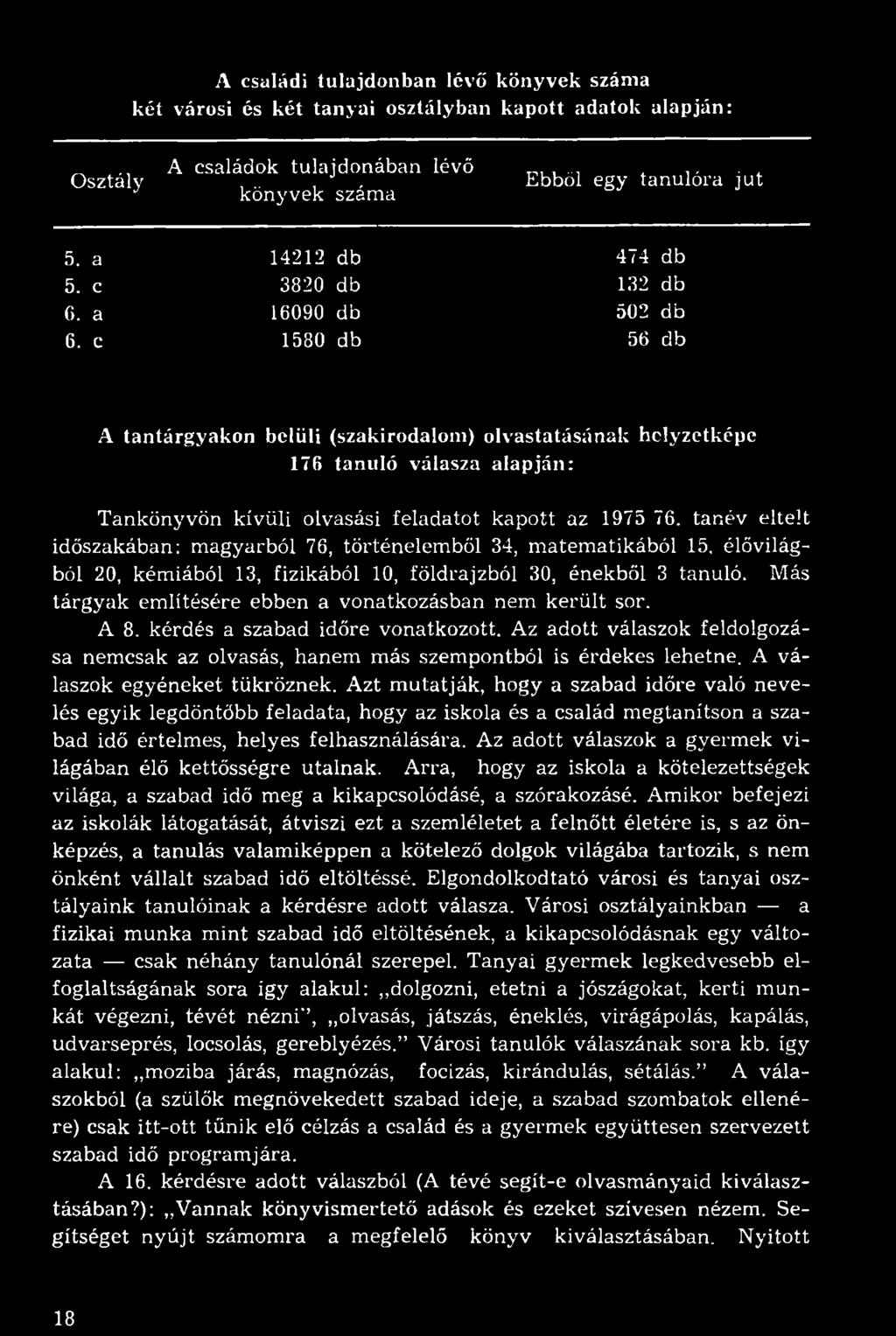 c 1580 db 56 db A tantárgyakon belüli (szakirodalom) olvastatásának helyzetképe 17B tanuló válasza alapján: Tankönyvön kívüli olvasási feladatot kapott az 1975 76.