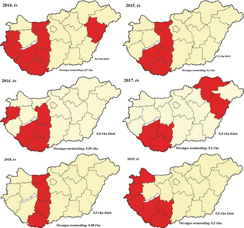 2014. év 2015. év 5,0 t/ha felett országos termésátlag 4,67 t/ha országos termésátlag 5,1 t/ha 5,3 t/ha felett 2016. év 2017.