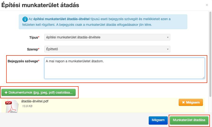 A Munkaterület átadása gomb megnyomását követően az eseti bejegyzés