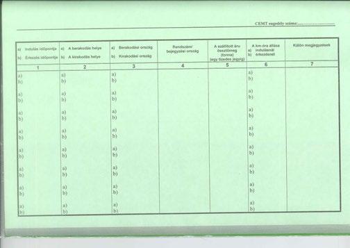 A fuvarnapló belső oldalai A belső oldalon ellenőrizni kell, hogy a fuvarnapló jobb felső sarkában lévő sorszám megegyezik-e a fuvarnapló borítóján, valamint a CEMT-engedélyen feltüntetett sorszámmal.