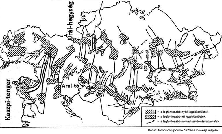 Útravaló volságokra és ezek elhelyezkedésére, a vándorlási útvonalakra (alföld hegyi legelők vagy észak dél) jó példa a kazak nomádok a 19 20. század fordulóján megfigyelt vándorlása (ld. a 2.