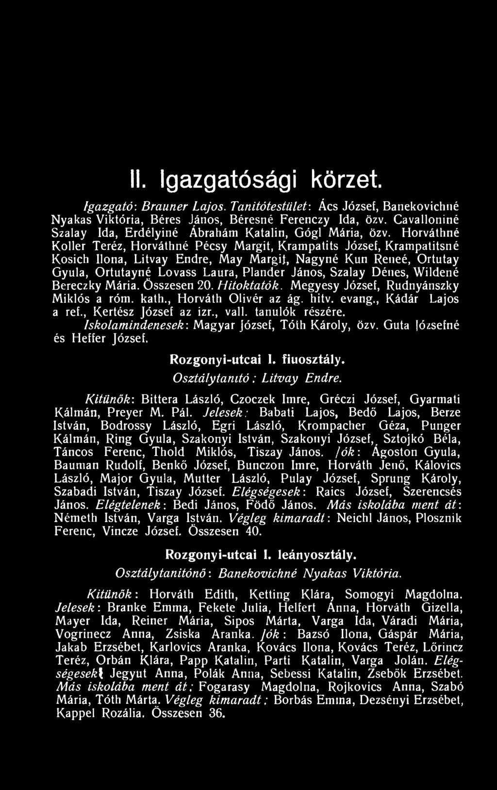 Horváthné Koller Teréz, Horváthné Pécsy Margit, Krampatits József, Krampatitsné Kosich Ilona, Litvay Endre, May Margit, Nagyné Kun Reneé, Ortutay Gyula, Ortutayné Lovass Laura, Plander János, Szalay