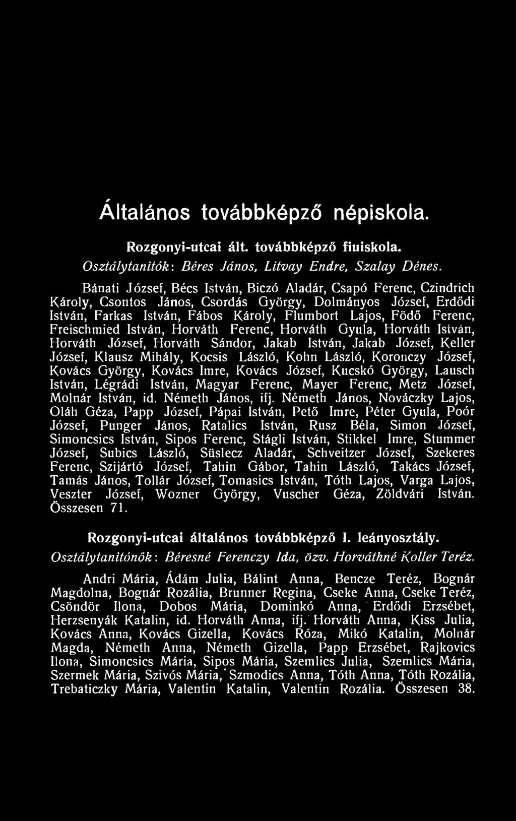 Freischmied István, FÍorváth Ferenc, Horváth Gyula, Horváth István, Horváth József, Horváth Sándor, Jakab István, Jakab József, Keller József, Klausz Mihály, Kocsis László, Kohn László, Koronczy