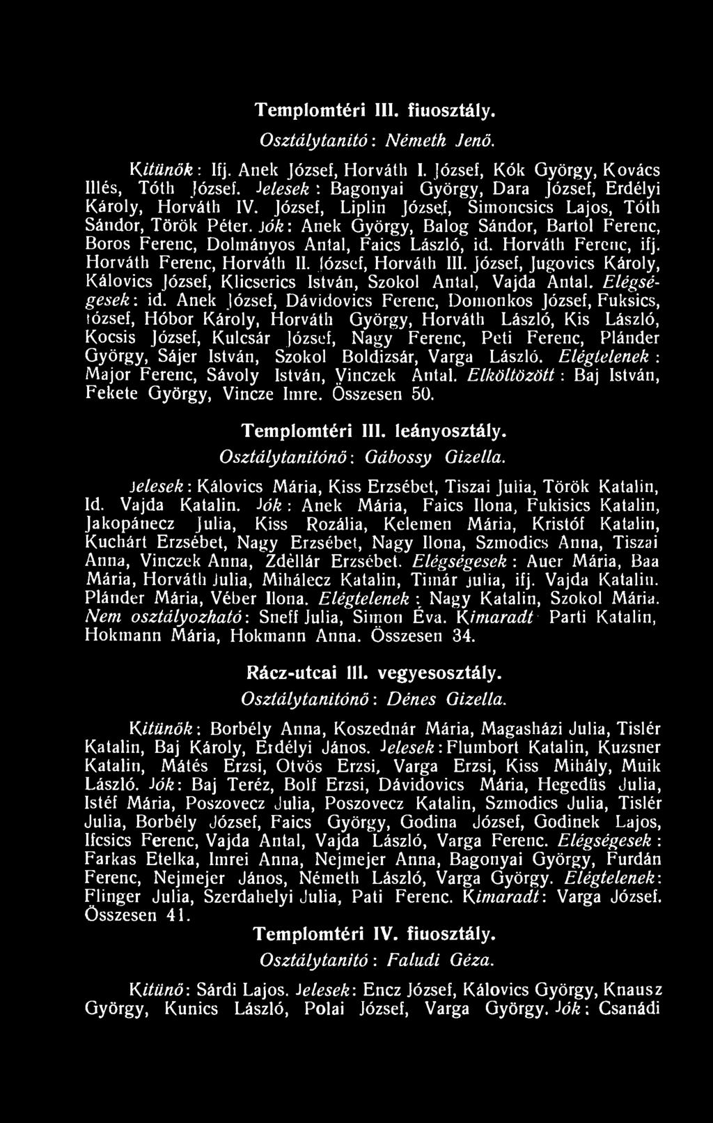 )ók: Anek György, Balog Sándor, Bartol Ferenc, Boros Ferenc, Dolmányos Antal, Faics László, id. Horváth Ferenc, ifj. Horváth Ferenc, Horváth II. józsef, Horváth III.