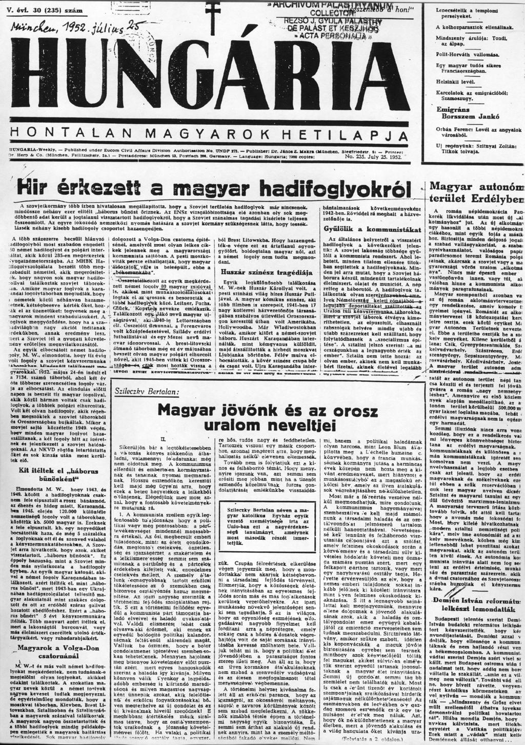 Stark Tamás 4. ábra. A Hungária 1952. július 25-i száma Röviden szeretném bemutatni a könyv szerkezetét is.