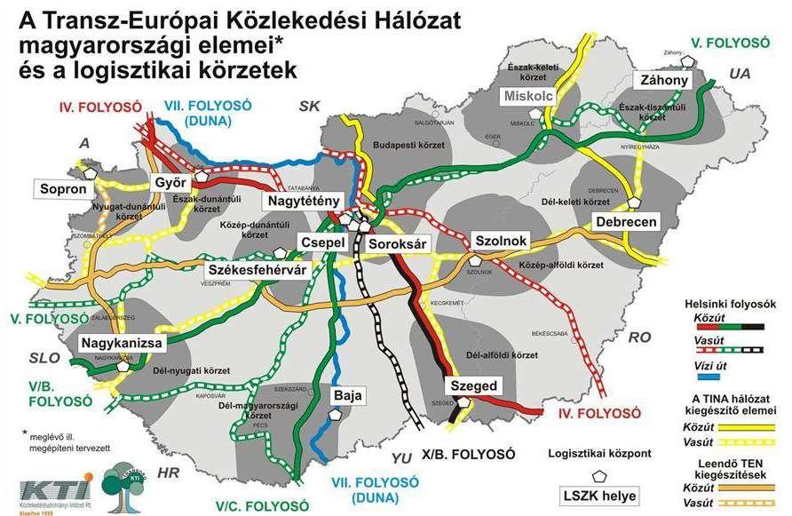 2.2. ábra Logisztikai szolgáltató központok országos hálózata (Forrás: KTI) Az EU várható déli irányú bővülését is figyelembe véve a Dél-Alföldi Régió és ezen belül Baja az ország egyik