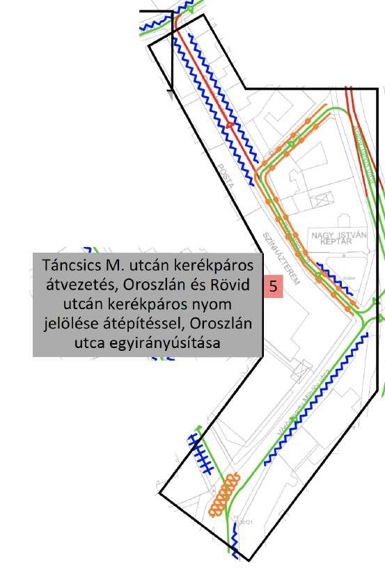 T5 Vörösmarty Mihály utca és környezete A beavatkozás leírása: A Táncsics Mihály utcán kerékpáros átvezetés, a Vörösmarty Mihály utca csatlakozó szakaszán a kerékpáros mozgások közlekedési