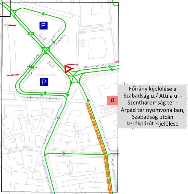 T8 Szentháromság tér A beavatkozás leírása: A Szentháromság tér forgalmi rendjének megváltoztatása, a főirány kijelölése a Szabadság utca/attila utca Szentháromság tér Árpád tér tengelyben