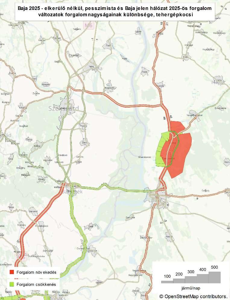 5.18. ábra: A tehergépkocsi forgalmak különbségábrája, 2025, pesszimista változat A 2. változat ún. optimista változat.