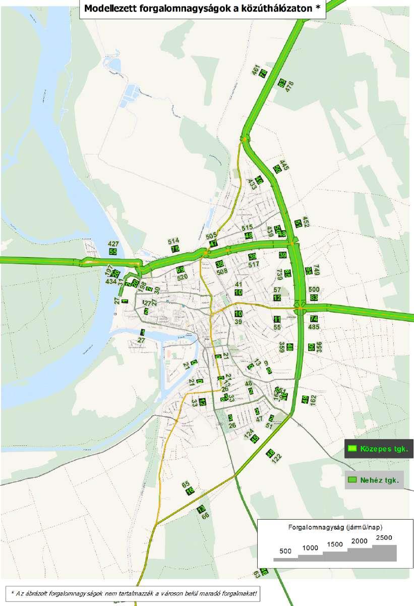 5.20. ábra: A modellezett tehergépkocsi forgalmak, 2025, optimista változat A következő ábrán a tehergépkocsik forgalmának változását mutatjuk be (a személygépkocsik is nagyban