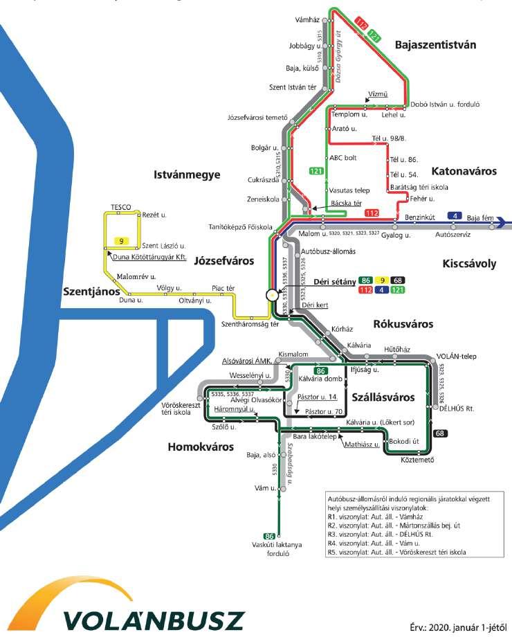 9.2 Helyi tömegközlekedés Baja városában az önkormányzattal kötött szerződés alapján továbbra is a Volánbusz látja el a buszközlekedési szolgáltatást. A vonalhálózat jelenlegi kapcsolatait a 9.2. sz. ábra mutatja be.