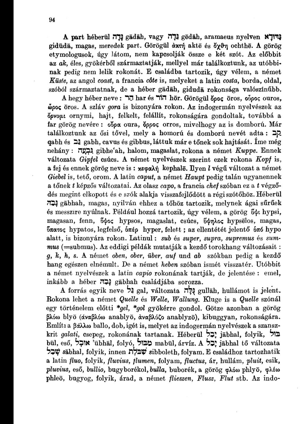 94 A part héberül ÍTJI gádáh, vagy ÍT^S gedáh, aramaeus nyelven XtfF% gidüda, magas, meredek part. Görögül áwrq akté és o^ö"/) ochthe. A görög etymologusok, úgy Játom, nem kapcsolják össze e két szót.