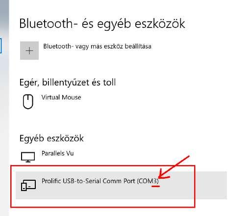 Keressük a gépházban az Eszközök menüpontot. Az eszközök között a Prolific USB to Serial (vagy hasonló) eszközt keressük, jegyezzük meg az itt látható számot, ez lesz a port száma (itt pl a 3-as).
