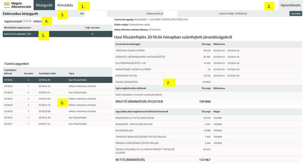 A bérjegyzék oldal a KAÜ azonosítás után megjelenő első menüpont. Az oldalon a következő tevékenységek érhetőek el: 1. Az oldal tetején található az alkalmazás menüsávja.