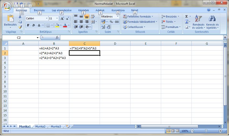 Az elmondottak illusztrálása rögzítsük egy Excel munkalapon az alábbi LP-feladat adatait: 7x 1 +9x 2 +5x 3 max x 1 +x 2 +2x 3 5 2x 1 +x 2 +3x 3 11 2x 1 +3x 2 +2x 3 12 x 1, x 2, x 3 0 A feladat három
