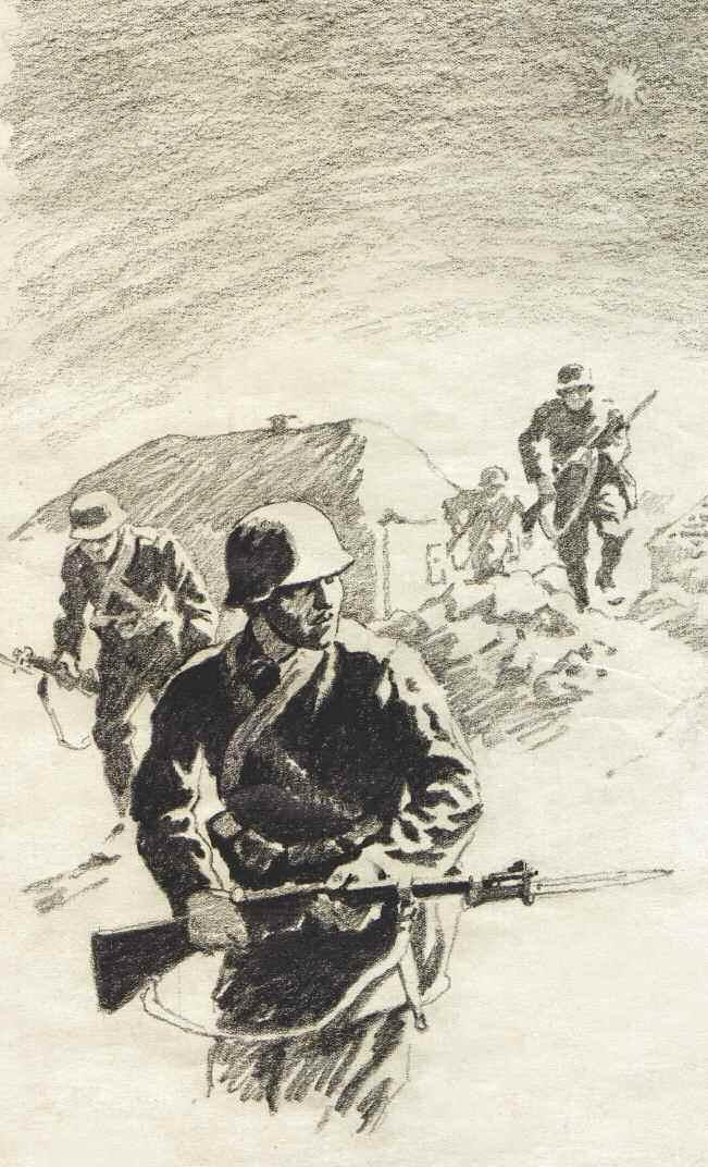 Huszárjárőr a Don mentén. Haranghy Jenő 1942-ben készült tollrajza járőrözés közben ábrázolja a huszárokat, amint egy szovjet BT harckocsi roncsai mellett haladnak el. @ Előrenyomulás.