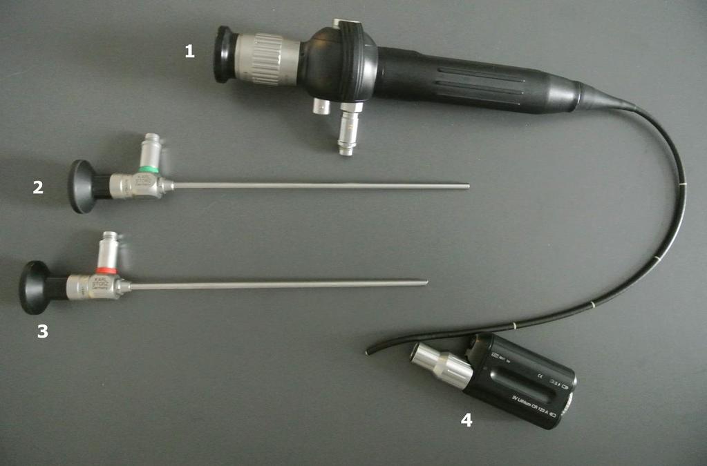Ábra 1.3. Endoszkópos vizsgáló eszközök: 1. flexibilis fiberoszkóp 2.